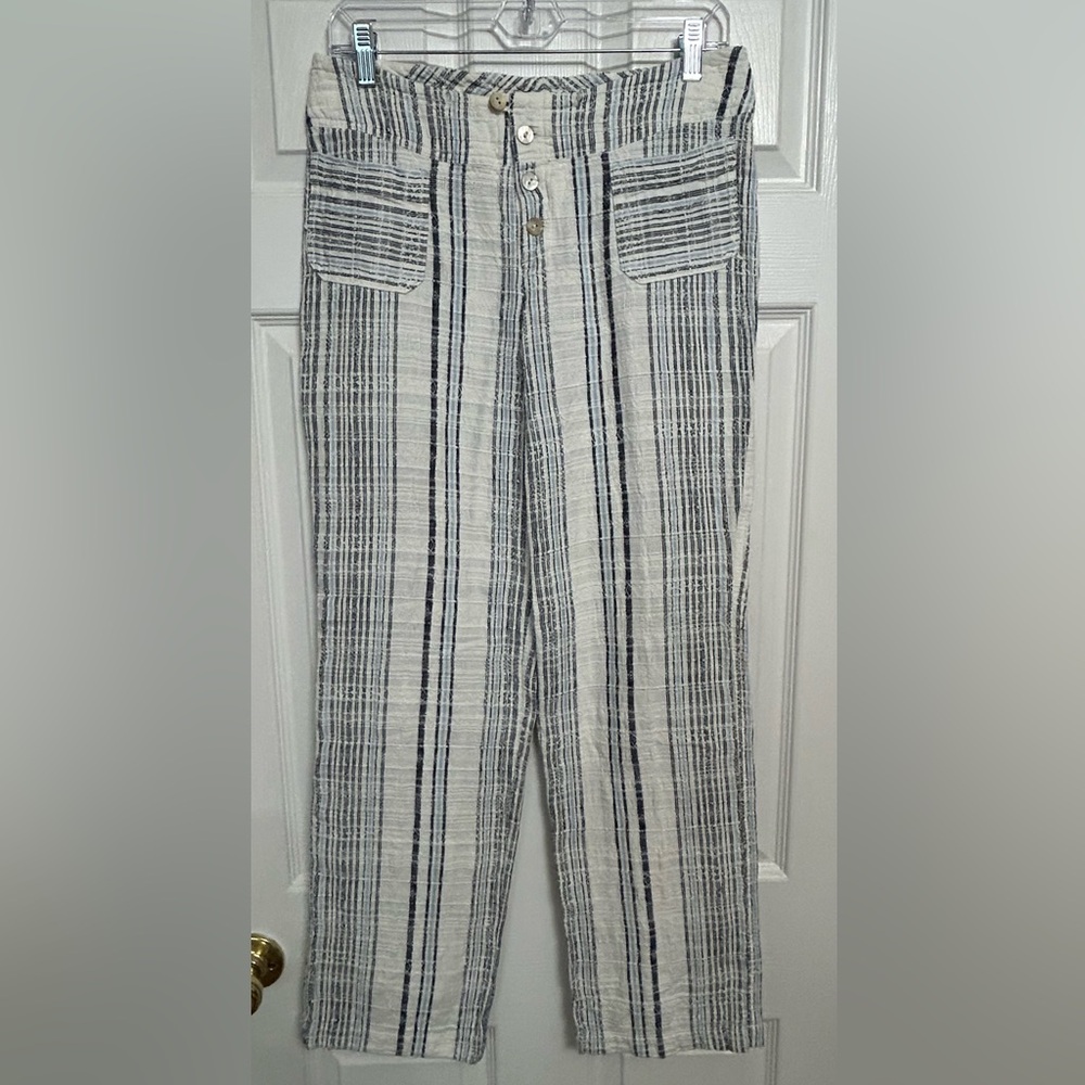 Sundance Gigi Pants white Blue stripe Drawstring Waist Wide Leg Cotton size XS
